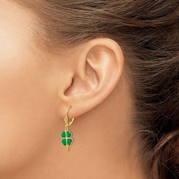 14k Yellow Gold Enameled Clover Shamrock 4-leaf  Leverback Dangle Drop Earrings - Picture 1 of 4